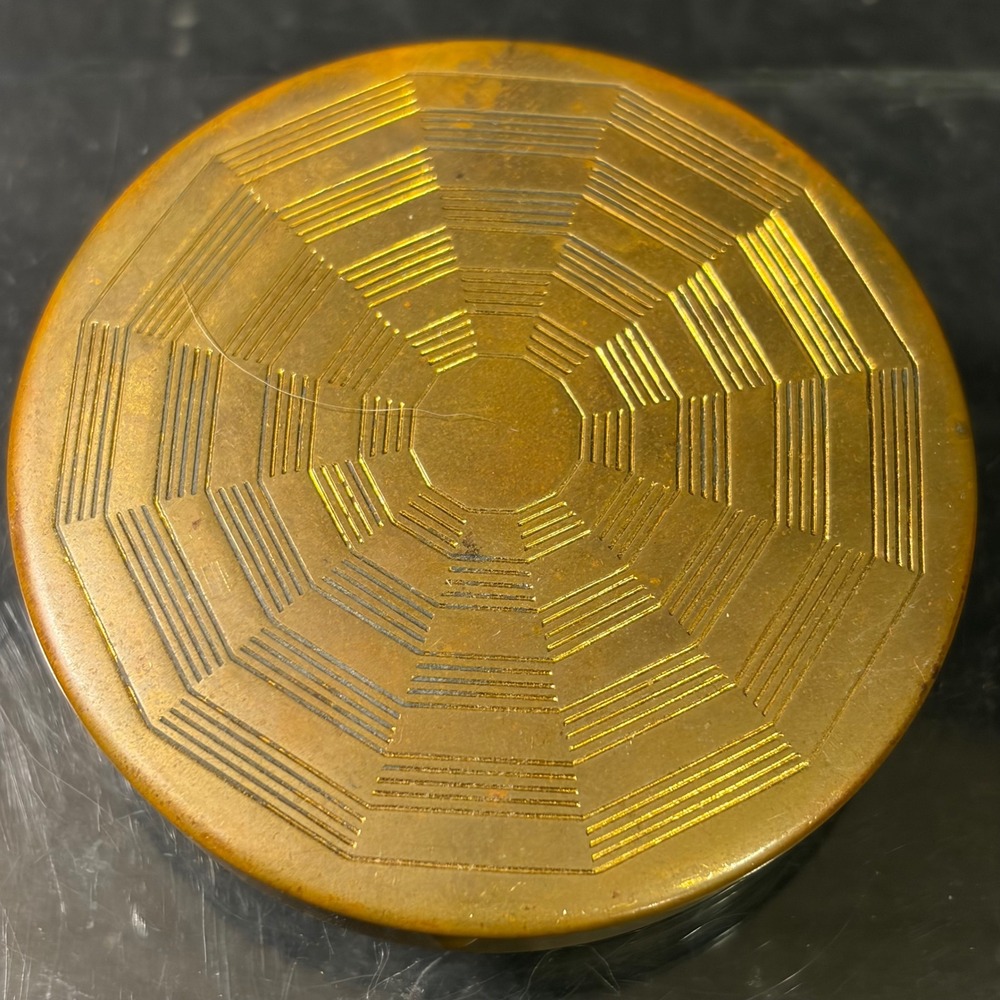 Vintage Art Deco Brass Powder Compact Geometric Etched Sunburst Design Mirror